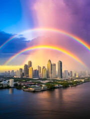 Obraz premium Double rainbows on sky background is bangkok , romantic scene , fullfill love