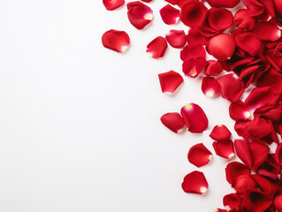 red rose flowers confetti on fence white background. Valentines day background.