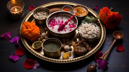Obraz na płótnie Canvas Diwali puja thali with sacred offerings and incense
