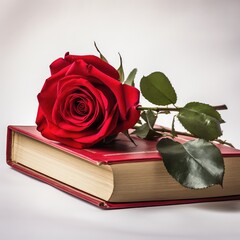 close-up of red rose and book on white hd background