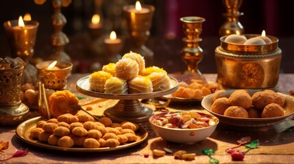 Fototapeta na wymiar Diwali sweets and treats on a festive table