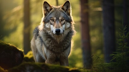 Wolf in the nature habitat. Wild animal in the Finland taiga. Wildlife nature, Europe. Wolf from Finland. Gray wolf, Canis lupus, in the spring light, in the forest with green leaves.