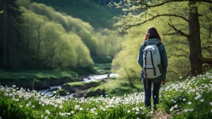 Woman with backpack hiking in forest at springtime. Woodland with flowering wild garlic. Adventure in beautiful nature. Panoramic view