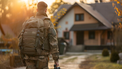 Back view of a courageous young soldier walking towards his house with his luggage