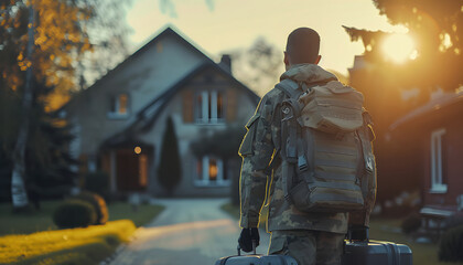 Back view of a courageous young soldier walking towards his house with his luggage