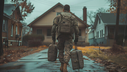 Back view of a courageous young soldier walking towards his house with his luggage