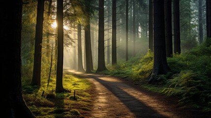 Moody and tranquil forest trail in the early morning
