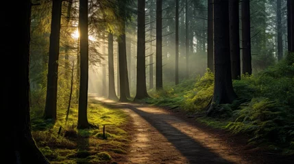 Keuken spatwand met foto Moody and tranquil forest trail in the early morning © Cloudyew