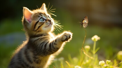 Playful kitten trying to catch a butterfly with wide eyed wonder - obrazy, fototapety, plakaty