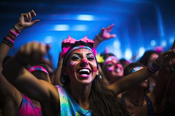 Crie uma representaÃ§Ã£o visual vÃ­vida que capture a essÃªncia de um grupo de jovens adultos em uma festa rave underground, 