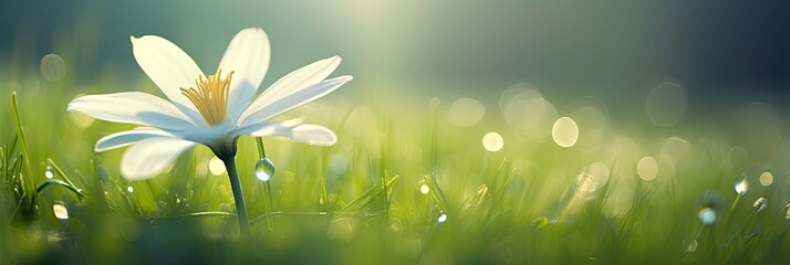 A small white flower blooms delicately in a field of green grass, its petals glistening with morning dew, - Powered by Adobe