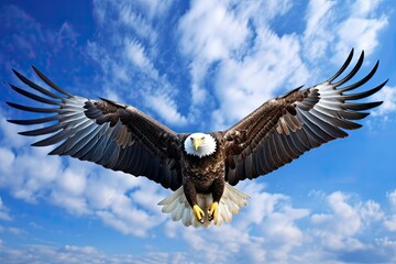 Obraz premium Create a realistic image of an eagle in flight, seen from below, with blue sky around. 
