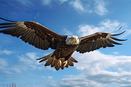 Create a realistic image of an eagle in flight, seen from below, with blue sky around. 