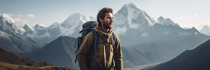 Photo sur Plexiglas Himalaya A young man, around 24, embodying the adventure of the Himalayas, dressed in trekking gear, standing against a breathtaking mountain backdrop,