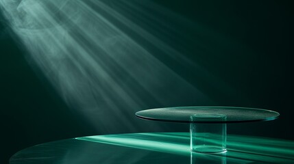 Dark background with green clear glass base. Suitable for product display The set was enhanced with spotlights and studio lights. with realistic shadows and Helps add depth and realism.