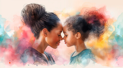 Watercolor of African American mother and little daughter isolated. Mother's Day concept