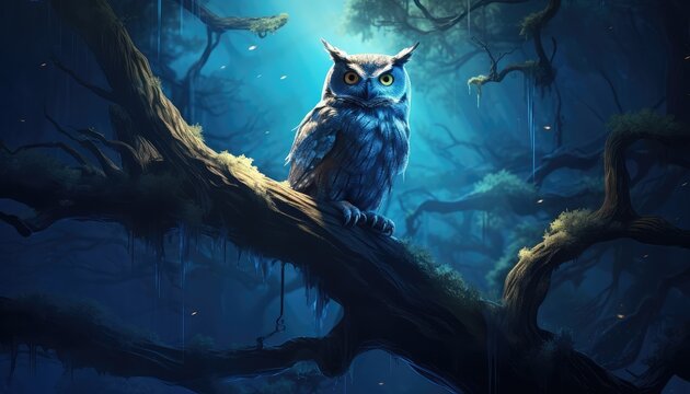 Cool owl illustration on tree branch in forest on full moon