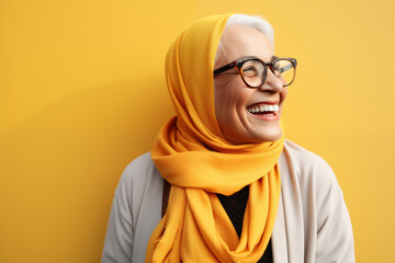 Old woman wearing glasses and yellow scarf with smile and be happy