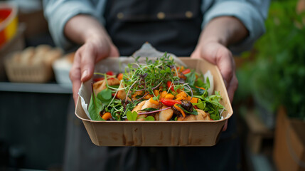 the vendor serving delicious meals in eco-friendly packaging