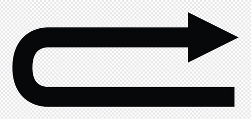 Black go back return arrow icon, simple vector u turn shape pointer flat design pictogram concept vector for app ads web banner button ui ux interface elements. Replaceable vector design.