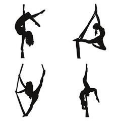 Aerial Silk Silhouette With Various Acrobatics Motion, Vector Illustration
