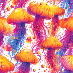Fototapeta na wymiar Jellyfish colorful cartoon underwater repeat pattern artsy pop art, medusa repetitive