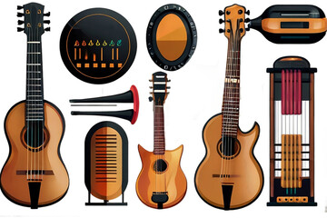 Three common western stringed instruments often used in country, folk or bluegrass music - a violin, a guitar and a mandolin.