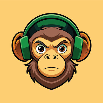 monkey head mascot for gaming e-sport logo, tee, t-shirt. cartoon monkey wearing a headphone vector illustration