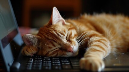 Cute orange tabby cat asleep on a laptop, a funny and endearing scene, Ai Generated.