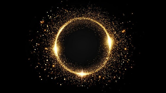 A mesmerizing circle of gold glitter and sparkles illuminates against a black backdrop. Ai Generated.
