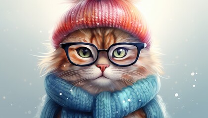 Cute cat with glasses dressed in colorful winter outfit