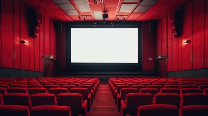 The empty cinema hall features a striking red color scheme and a white blank screen, Ai Generated. - obrazy, fototapety, plakaty