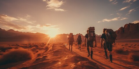 Obraz premium Invite adventurers to lose themselves in the rugged beauty of a vast desert landscape at sunset 