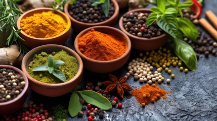Assortment of aromatic, colorful spices and herbs, a feast for the senses, Ai Generated.