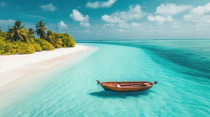 A beautiful summer landscape showcases a tropical island with a boat in the ocean, Ai Generated.