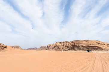 The end point of the jeep tour route for the tourists through the endless red desert of the Wadi Rum near Amman in Jordan