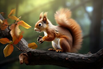 A playful squirrel perched on a tree branch, nibbling on an acorn.