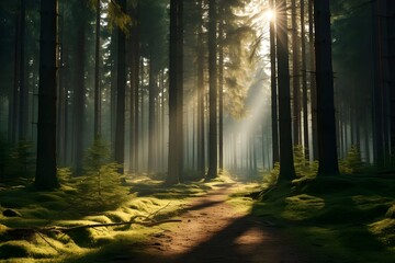 Sunlight streaming through dense forest foliage, creating a captivating play of light and shadows.