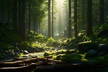 A misty morning in a dense pine forest, with the sunlight filtering through the trees.