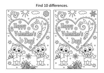 Valentine's Day difference game and coloring page with Happy Valentine's Day greeting and cute little kittens
