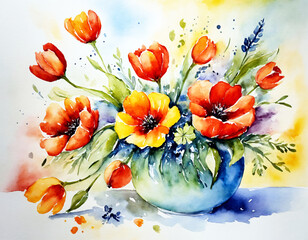 A bouquet of poppies stands in a vase against a white background, watercolor.
