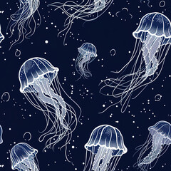 Jellyfish outline cartoon underwater repeat pattern artsy, medusa repetitive