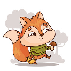 A happy cartoon fox, a fictional character, with an orange coat, holds a mushroom and basket in an art illustration. Tail swaying, it gestures playfully in this delightful drawing. Vector