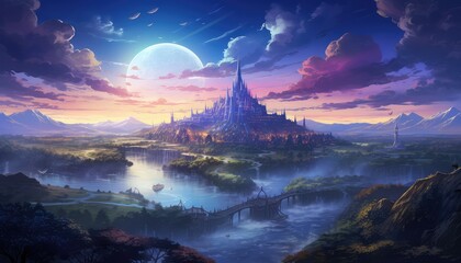 anime fantasy land digital art, painting, 3d illustration