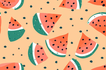 Fototapeta premium Colorful watermelon slices pattern on a cream background, perfect for summer-themed designs and decorations. 