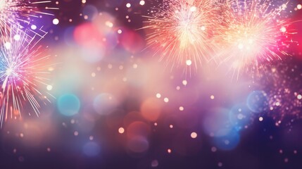 Fototapeta premium Defocused fireworks and bokeh at New Year and copy space.