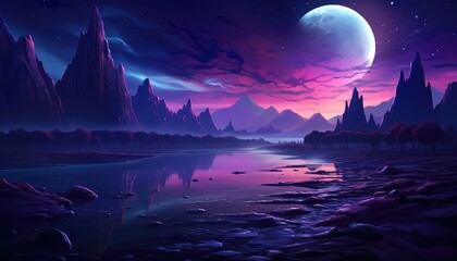 futuristic fantasy night landscape with abstract landscape moonlight shine dark natural