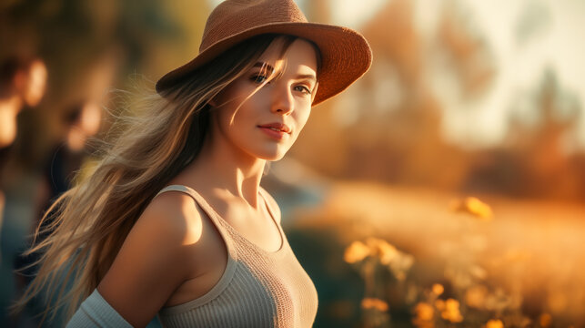 Young Woman with Fedora Hat in Golden Hour Light