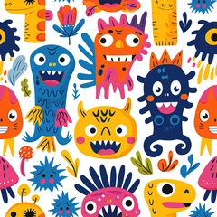 Fotobehang Children and fantasy creatures colorful repeat pattern, kids cartoon collage  © Roman