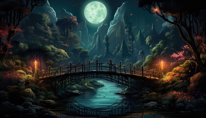 Illustration at night with full moon on the bridge in the forest - obrazy, fototapety, plakaty